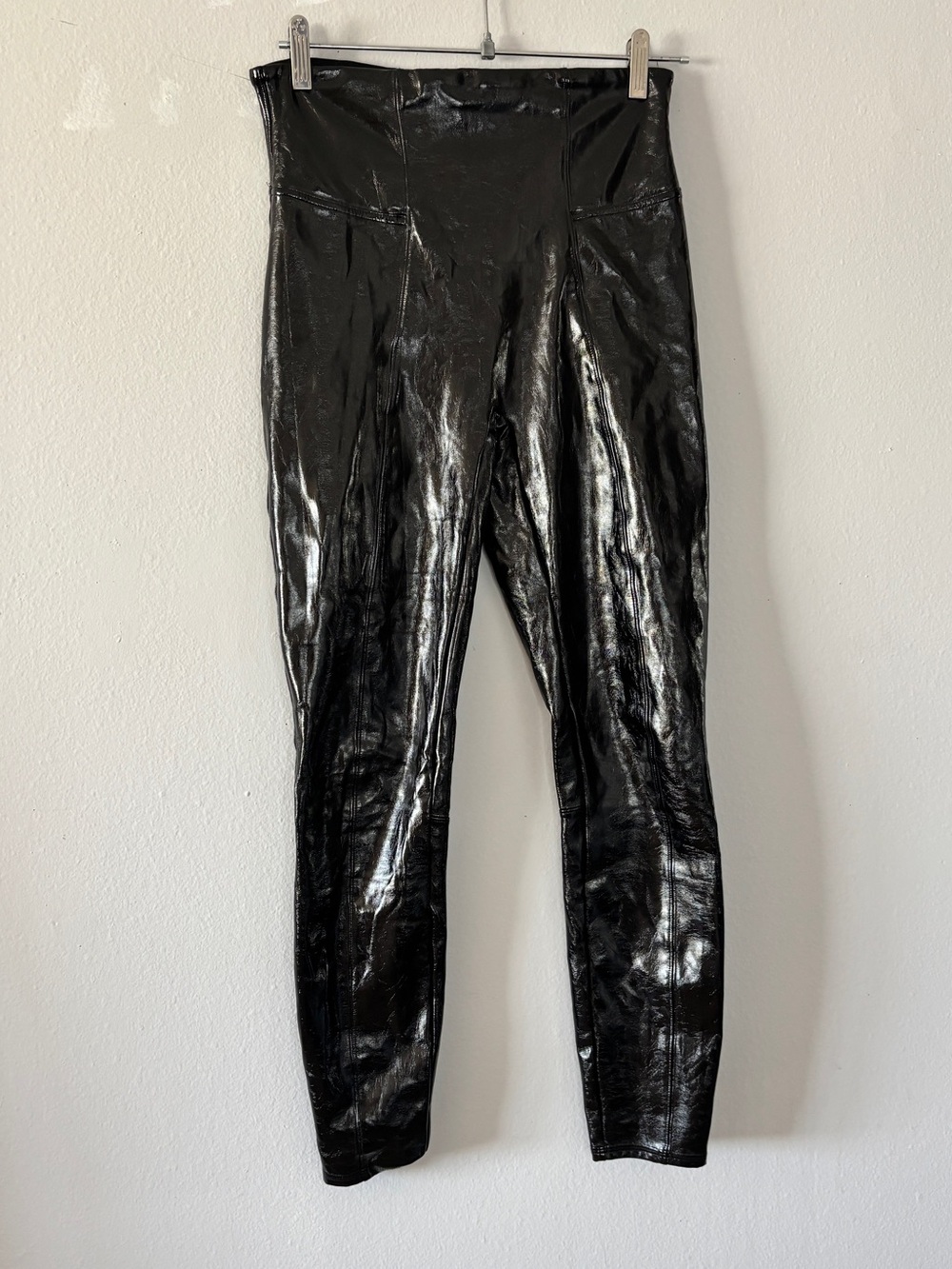 Spanx Black Faux Patent Leather Latex Skinny Leather Ankle Length Leggings